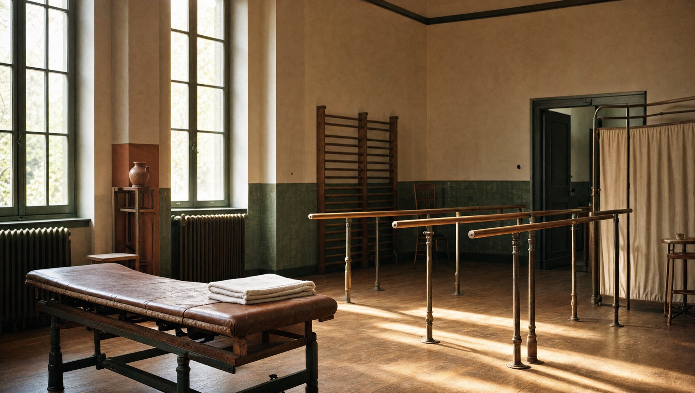 An empty rehabilitation hall at first light: parallel bars, a worn treatment bench, tall windows.